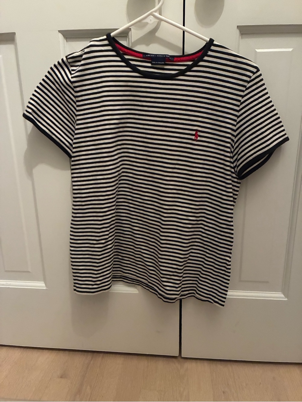 Ralph Lauren Black & White Striped Short-Sleeve Crewneck Tee with Red Polo Logo